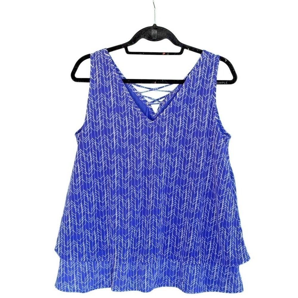 Blue White Geometric Chevron Lace Up Neck Flowy Layered Tank Top Career L